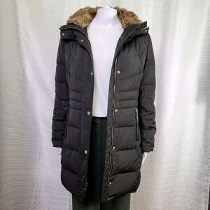 COLE HANN Signature Taffeta Down Coat Faux Fur Collar Brownish Green Women's S